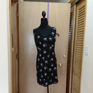 Black Lace Sleeveless Floral Dress with Blue Accents VINTAGE